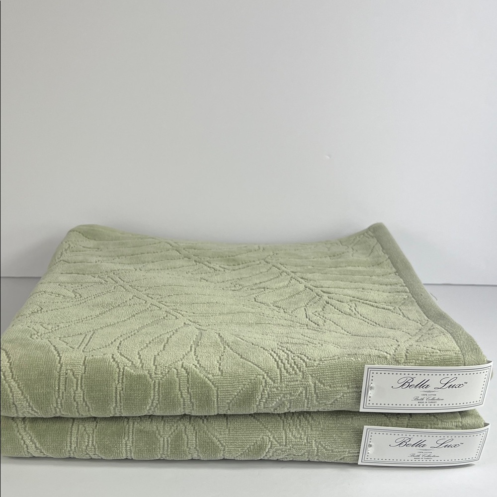 Bella Lux Fine Linen Bath Towels Light Green Leaf Pattern Luxury Cotton 2Pc NEW